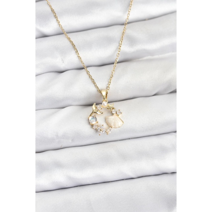 316L Çelik Zincir Gold Renk Deniz Tema Model Zirkon Taşlı Kadın Kolye