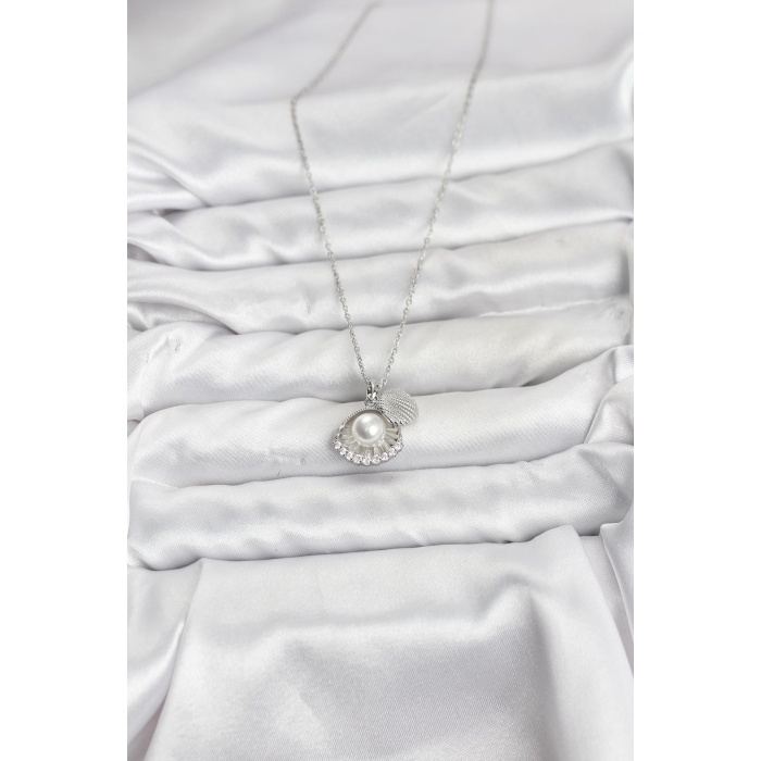 316L Çelik Zincir Gümüş Renk İncili Deniz Kabuğu Model Zirkon Taşlı Kadın Kolye