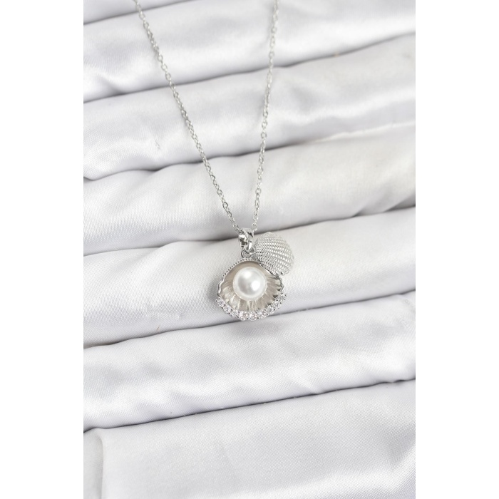 316L Çelik Zincir Gümüş Renk İncili Deniz Kabuğu Model Zirkon Taşlı Kadın Kolye