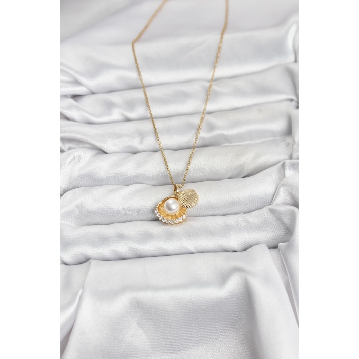 316L Çelik Zincir Gold Renk İncili Deniz Kabuğu Model Zirkon Taşlı Kadın Kolye