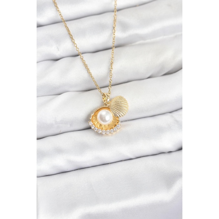 316L Çelik Zincir Gold Renk İncili Deniz Kabuğu Model Zirkon Taşlı Kadın Kolye