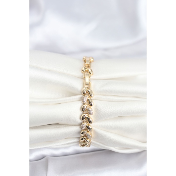 Pirinç Gold Renk VIP Seri Sarmal Damla Model Zirkon Taşlı Kadın Bileklik