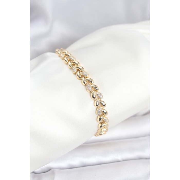 Pirinç Gold Renk VIP Seri Sarmal Damla Model Zirkon Taşlı Kadın Bileklik