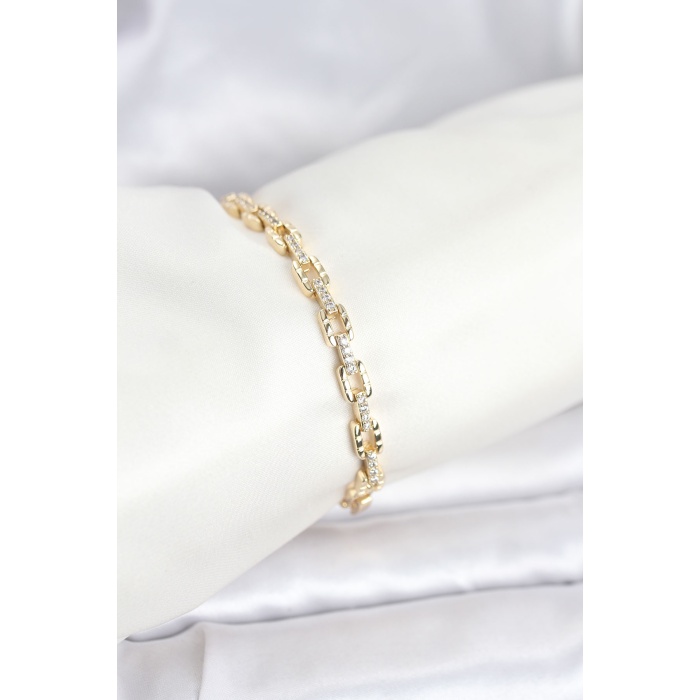 Pirinç Gold Renk VIP Seri Zincir Model Zirkon Taşlı Kadın Bileklik