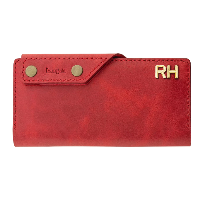 İsme Özel Dikey Çıtçıtlı Uzun Cüzdan - %100 Rainbow Deri - A010006 - Kırmızı