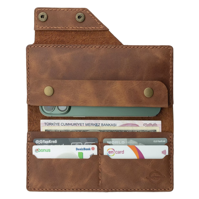 İsme Özel Dikey Çıtçıtlı Uzun Cüzdan - %100 Rainbow Deri - A010006 - Kahverengi