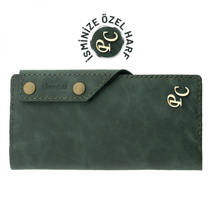 İsme Özel Dikey Çıtçıtlı Uzun Cüzdan - %100 Rainbow Deri - A010006 - Haki