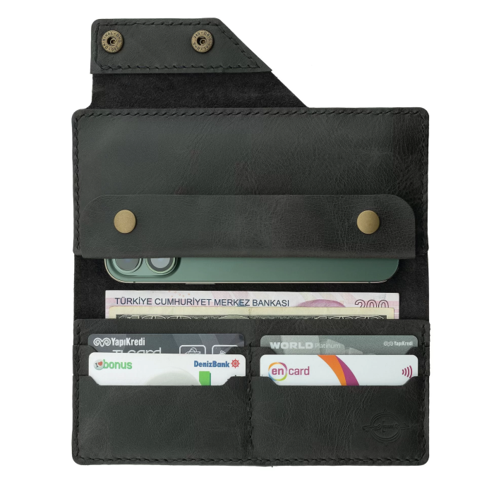 İsme Özel Dikey Çıtçıtlı Uzun Cüzdan - %100 Rainbow Deri - A010006 - Antrasit