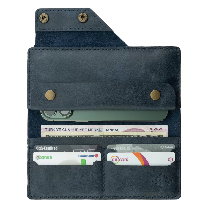 İsme Özel Dikey Çıtçıtlı Uzun Cüzdan - %100 Rainbow Deri - A010006 - Lacivert