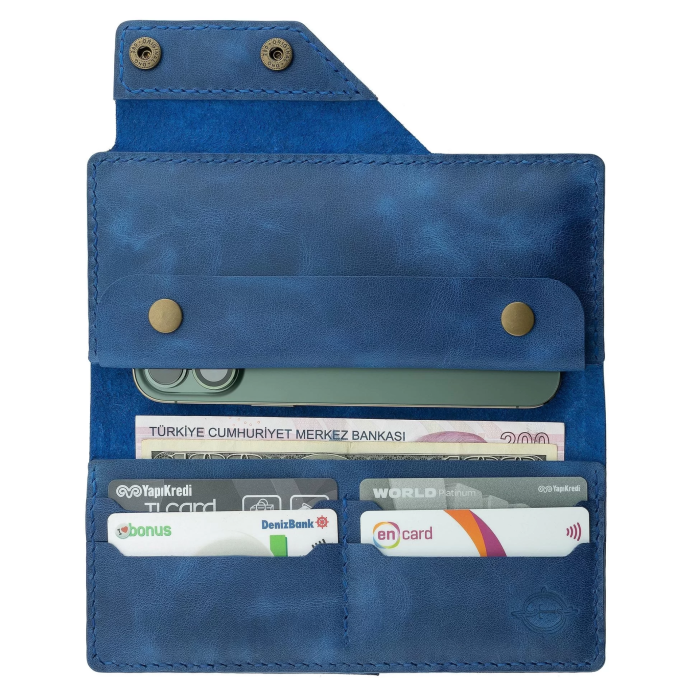 İsme Özel Dikey Çıtçıtlı Uzun Cüzdan - %100 Rainbow Deri - A010006 - Saks Mavisi