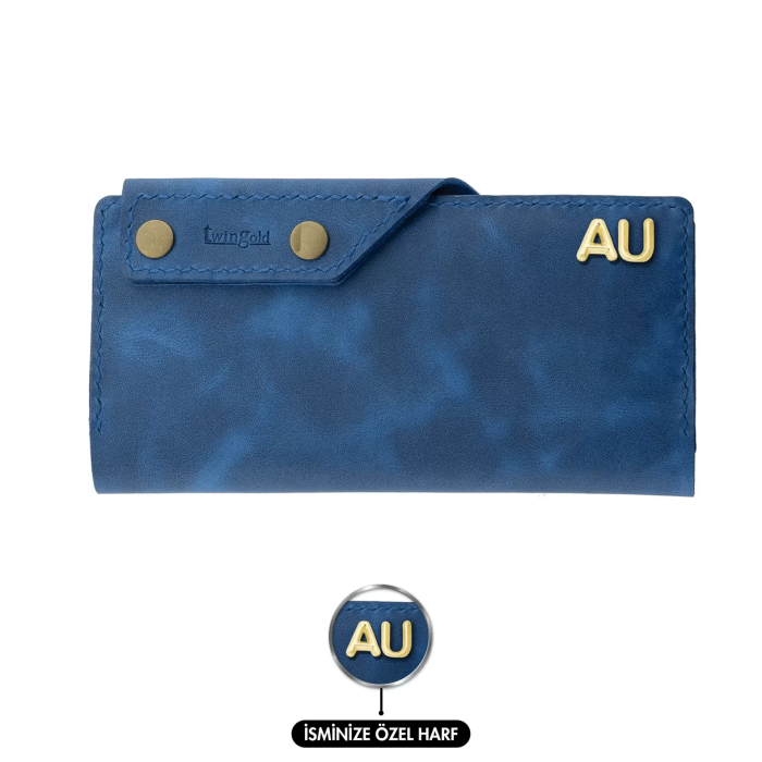 İsme Özel Dikey Çıtçıtlı Uzun Cüzdan - %100 Rainbow Deri - A010006 - Saks Mavisi