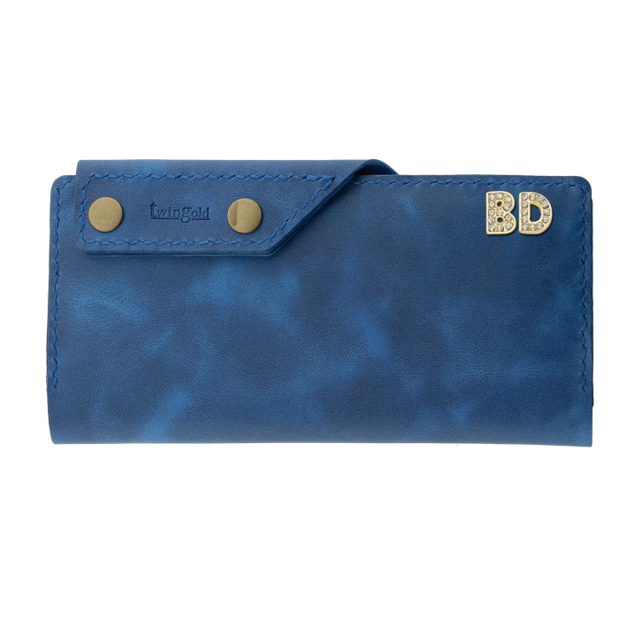 İsme Özel Dikey Çıtçıtlı Uzun Cüzdan - %100 Rainbow Deri - A010006 - Saks Mavisi