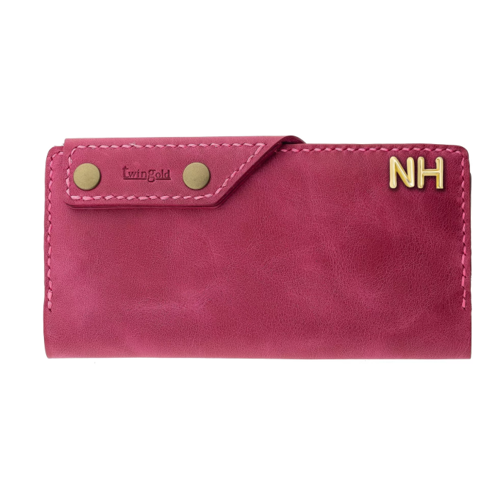 İsme Özel Dikey Çıtçıtlı Uzun Cüzdan - %100 Rainbow Deri - A010006 - Fuşya