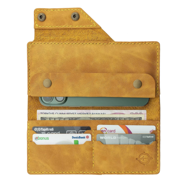 İsme Özel Dikey Çıtçıtlı Uzun Cüzdan - %100 Rainbow Deri - A010006 - Hardal Sarısı
