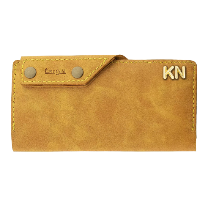 İsme Özel Dikey Çıtçıtlı Uzun Cüzdan - %100 Rainbow Deri - A010006 - Hardal Sarısı