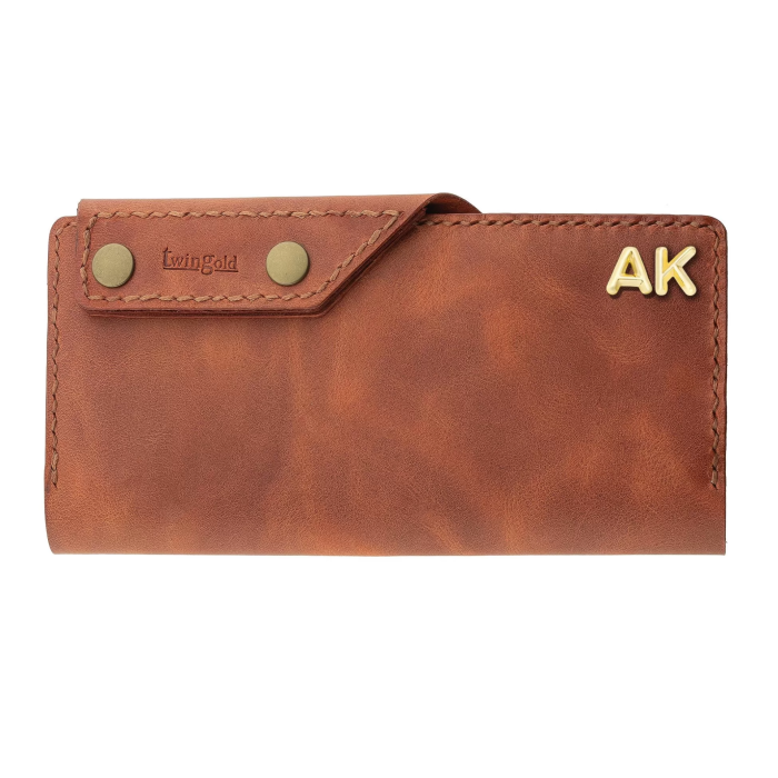 İsme Özel Dikey Çıtçıtlı Uzun Cüzdan - %100 Rainbow Deri - A010006 - Tobacco