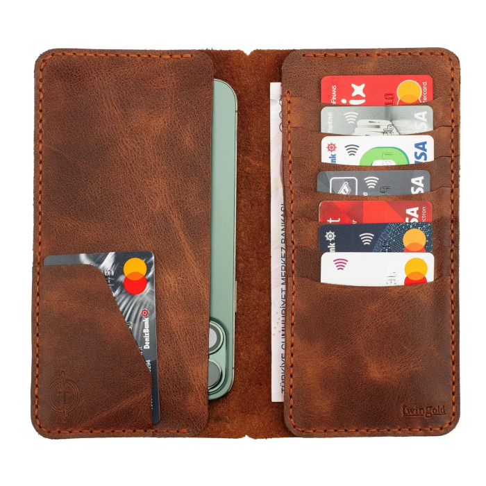 İsme Özel Dikey Uzun Cüzdan - %100 Rainbow Deri - A010007 - Kahverengi