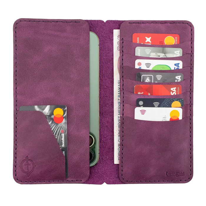 İsme Özel Dikey Uzun Cüzdan - %100 Rainbow Deri - A010007 - Mor