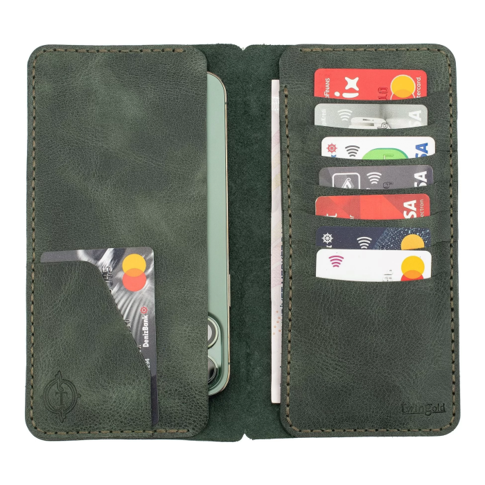 İsme Özel Dikey Uzun Cüzdan - %100 Rainbow Deri - A010007 - Haki