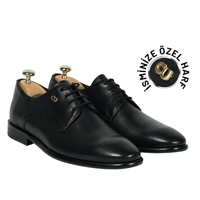 İsme Özel Bağcıklı Kösele Erkek Ayakkabı - %100 Hakiki Antik Deri - Altın Harf - AA01001 - Siyah