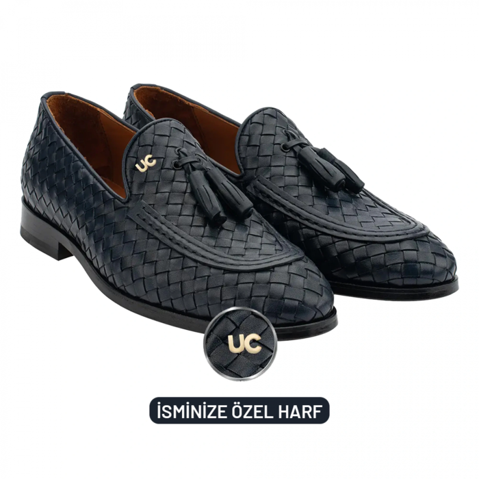 İsme Özel El Örgüsü Kösele Erkek Ayakkabı - %100 Hakiki Deri - Altın Harf - AA01002 - Lacivert