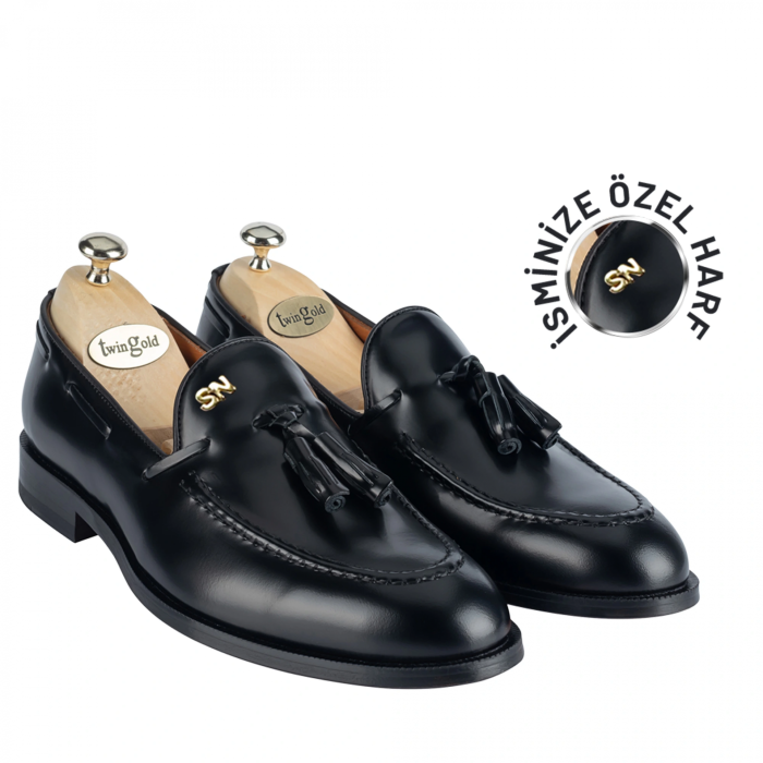 İsme Özel Loafer Erkek Ayakkabı - %100 Hakiki Açma Deri - Altın Harf - AA01003 - Siyah