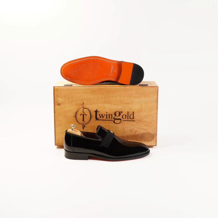 İsme Özel Smokin Salon Erkek Ayakkabısı - %100 Hakiki Deri - Altın Harf - AA01005 - Siyah