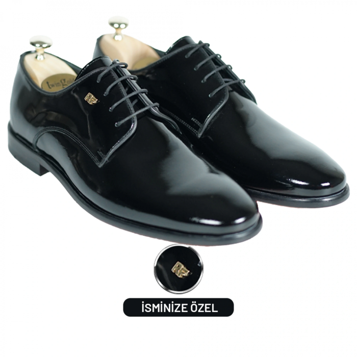 İsme Özel Rugan Bağcıklı Kösele Erkek Ayakkabı - %100 Hakiki Deri - Altın Harf - AA01006 - Siyah