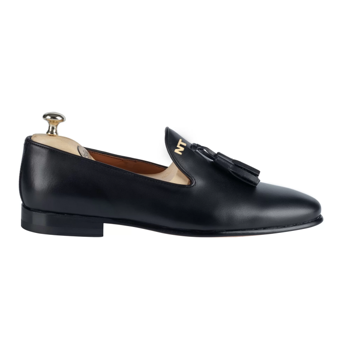 İsme Özel Püsküllü Kösele Erkek Ayakkabı - %100 Hakiki Antik Deri - Altın Harf - AA01008 - Siyah