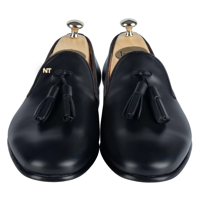 İsme Özel Püsküllü Kösele Erkek Ayakkabı - %100 Hakiki Antik Deri - Altın Harf - AA01008 - Siyah