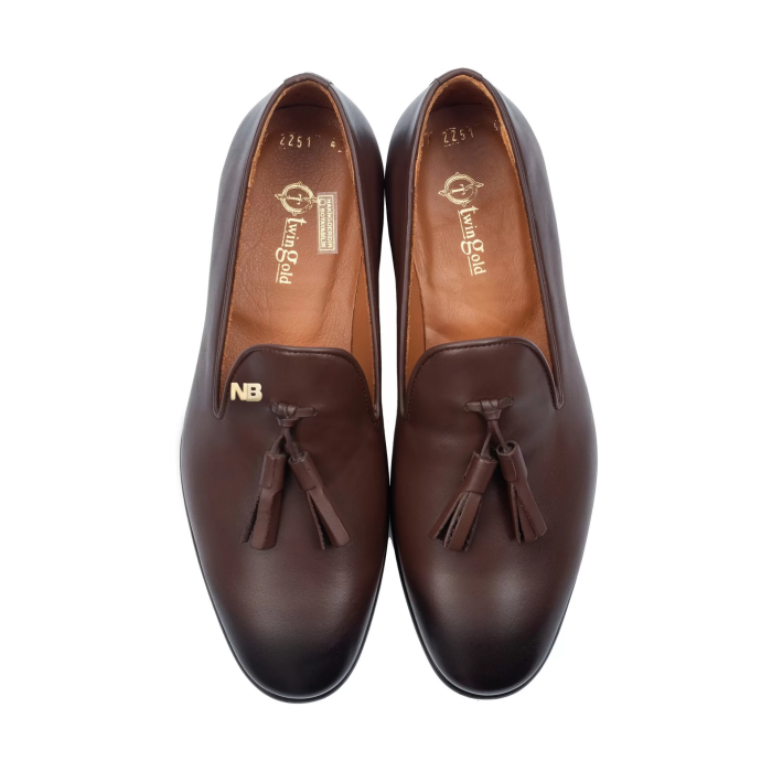 İsme Özel Püsküllü Kösele Erkek Ayakkabı - %100 Hakiki Antik Deri - Altın Harf - AA01008 - Kahverengi