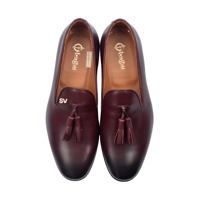 İsme Özel Püsküllü Kösele Erkek Ayakkabı - %100 Hakiki Antik Deri - Altın Harf - AA01008 - Bordo