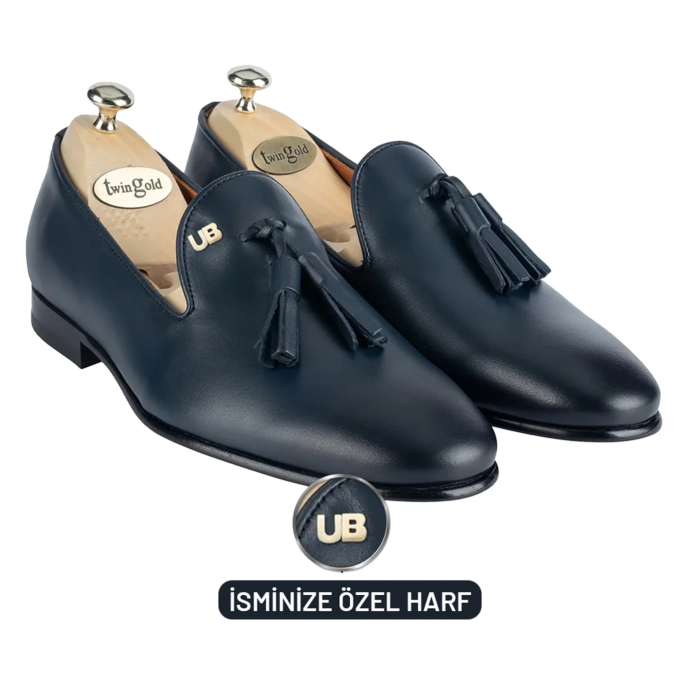 İsme Özel Püsküllü Kösele Erkek Ayakkabı - %100 Hakiki Antik Deri - Altın Harf - AA01008 - Lacivert