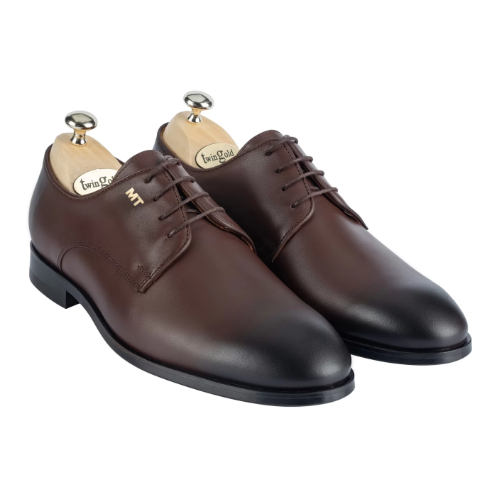 İsme Özel Bağcıklı Kösele Erkek Ayakkabı - %100 Hakiki Antik Deri - Gümüş Konseptli- AA01009 - Kahverengi