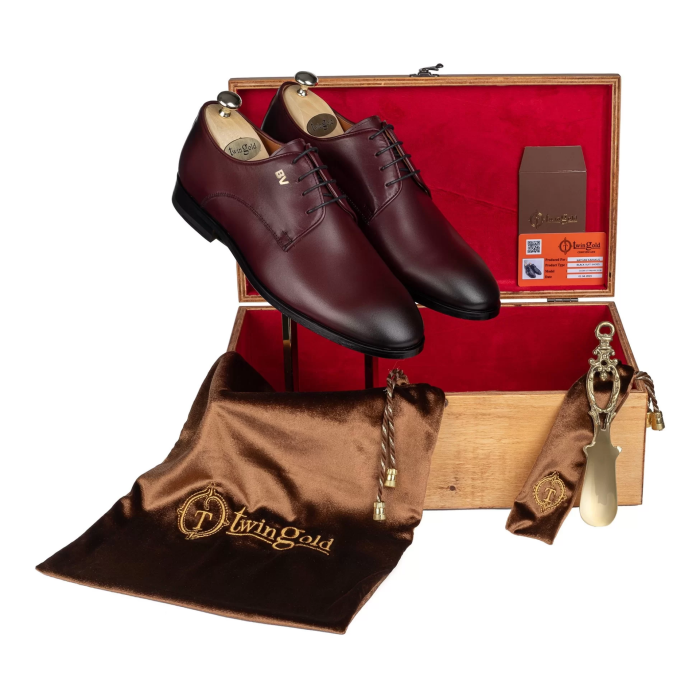 İsme Özel Bağcıklı Kösele Erkek Ayakkabı - %100 Hakiki Antik Deri - Gümüş Konseptli - AA01009 - Bordo