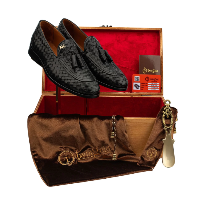 İsme Özel El Örgüsü Kösele Erkek Ayakkabı - %100 Hakiki Deri - Gümüş Konseptli - AA01010 - Siyah