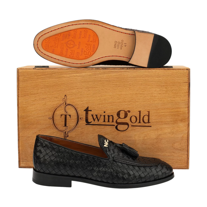 İsme Özel El Örgüsü Kösele Erkek Ayakkabı - %100 Hakiki Deri - Gümüş Konseptli - AA01010 - Siyah