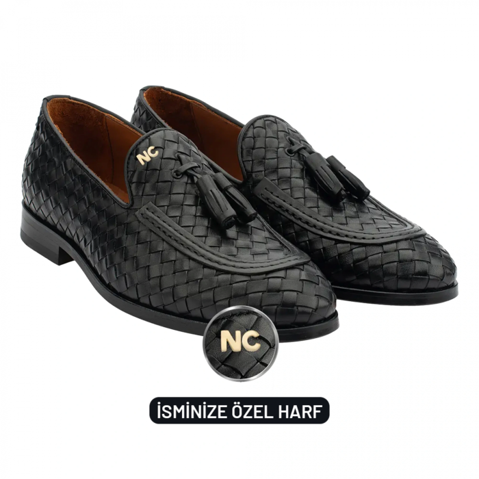 İsme Özel El Örgüsü Kösele Erkek Ayakkabı - %100 Hakiki Deri - Gümüş Konseptli - AA01010 - Siyah