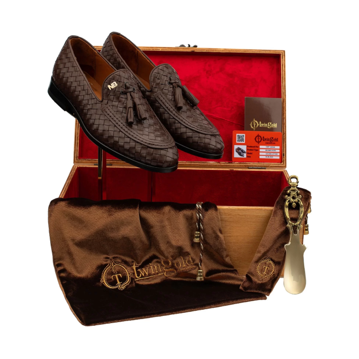 İsme Özel El Örgüsü Kösele Erkek Ayakkabı - %100 Hakiki Deri - Gümüş Konseptli- AA01010 - Kahverengi