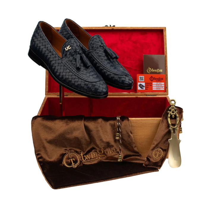 İsme Özel El Örgüsü Kösele Erkek Ayakkabı - %100 Hakiki Deri - Gümüş Konseptli- AA01010 - Lacivert