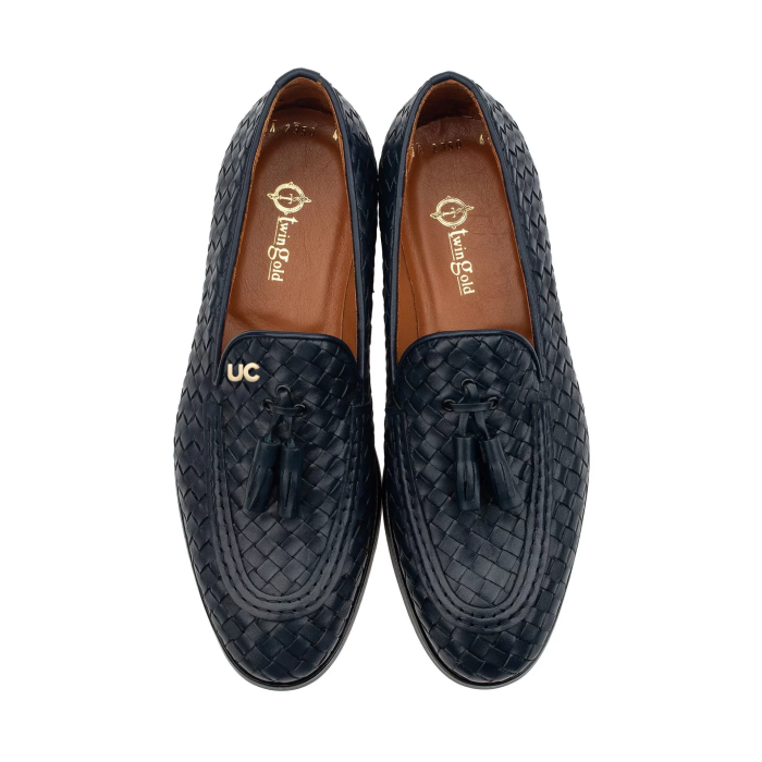 İsme Özel El Örgüsü Kösele Erkek Ayakkabı - %100 Hakiki Deri - Gümüş Konseptli- AA01010 - Lacivert