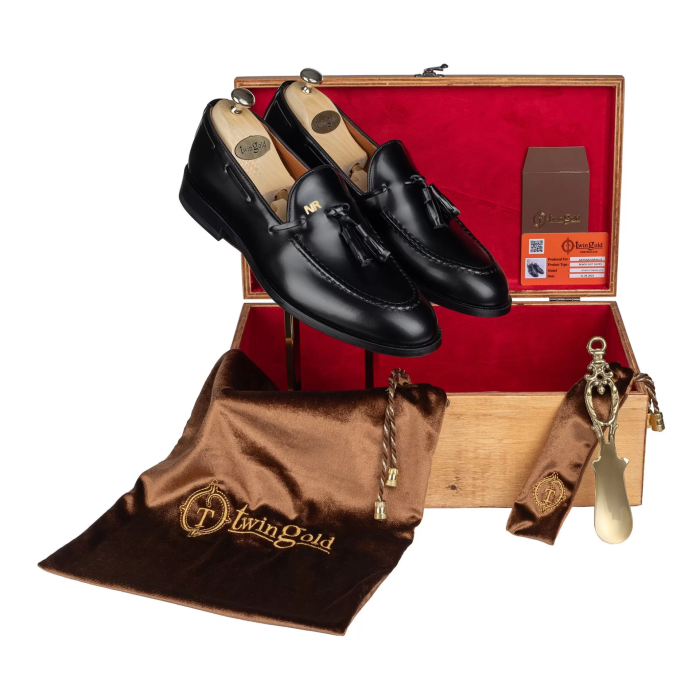 İsme Özel Loafer Erkek Ayakkabı - %100 Hakiki Açma Deri - Gümüş Konseptli- AA01011 - Siyah