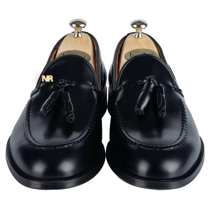 İsme Özel Loafer Erkek Ayakkabı - %100 Hakiki Açma Deri - Gümüş Konseptli- AA01011 - Siyah