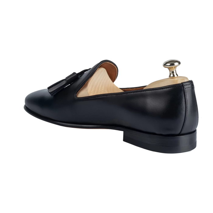 İsme Özel Püsküllü Kösele Erkek Ayakkabı - %100 Hakiki Antik Deri - Gümüş Konseptli - AA01013 - Siyah