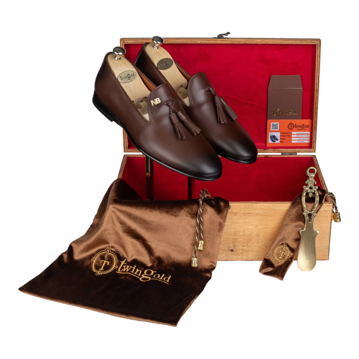 İsme Özel Püsküllü Kösele Erkek Ayakkabı - %100 Hakiki Antik Deri - Gümüş Konseptli - AA01013 - Kahverengi