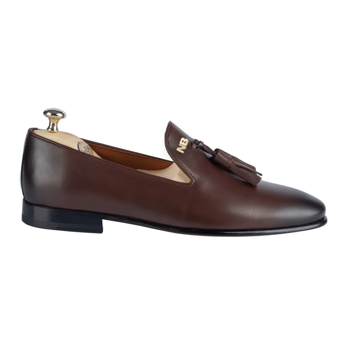 İsme Özel Püsküllü Kösele Erkek Ayakkabı - %100 Hakiki Antik Deri - Gümüş Konseptli - AA01013 - Kahverengi