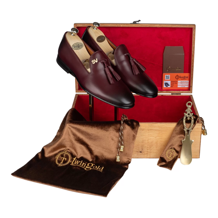 İsme Özel Püsküllü Kösele Erkek Ayakkabı - %100 Hakiki Antik Deri - Gümüş Konseptli - AA01013 - Bordo