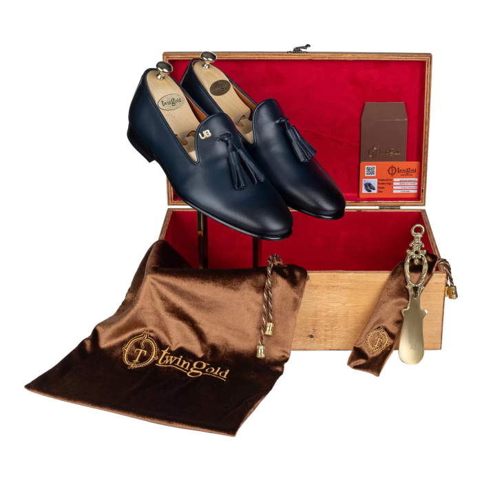 İsme Özel Püsküllü Kösele Erkek Ayakkabı - %100 Hakiki Antik Deri - Gümüş Konseptli- AA01013 - Lacivert