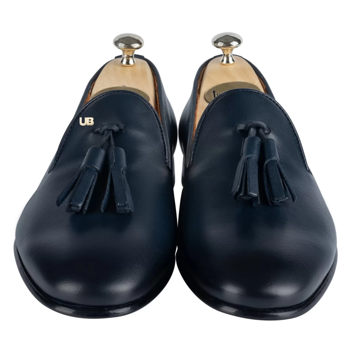 İsme Özel Püsküllü Kösele Erkek Ayakkabı - %100 Hakiki Antik Deri - Gümüş Konseptli- AA01013 - Lacivert