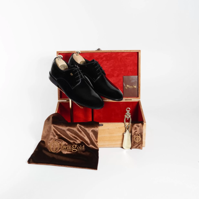 İsme Özel Rugan Bağcıklı Kösele Erkek Ayakkabı - %100 Hakiki Deri - Gümüş Konseptli - AA01014 - Siyah